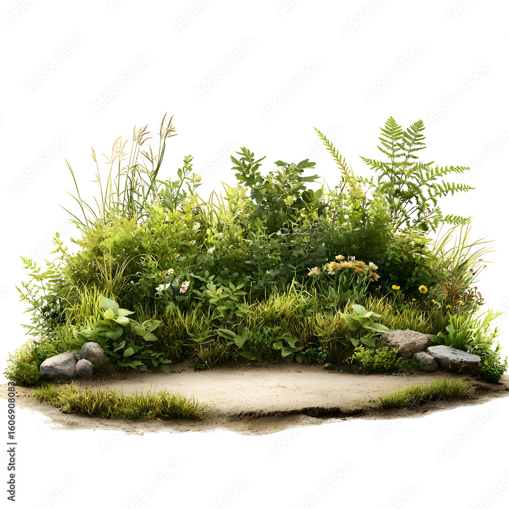 Poster a vibrant and verdant patch of diverse grasses ferns and other foliage in a serene natural setting c