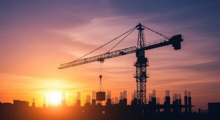 Industrial crane lifting materials silhouetted with colorful evening sky