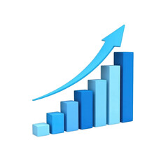 Blue gradient bar chart with upward arrow indicating financial growth and success in business