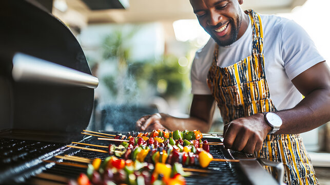 Smiling man grilling colorful vegetable skewers on a barbecue. Outdoor summer cooking and lifestyle.