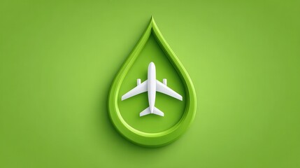 Fototapeta premium Biofuel concept for sustainable aviation. A white airplane model is nested inside a green droplet shape, symbolizing eco-friendly aviation or sustainable travel on a green background.
