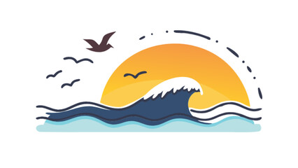 Obraz premium Ocean sunset vector illustration with sea waves seagulls and sun for travel and summer designs vector art