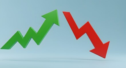 Two contrasting arrows, one green pointing up and one red pointing down, illustrate opposing trends in finance or business, set against a light blue background