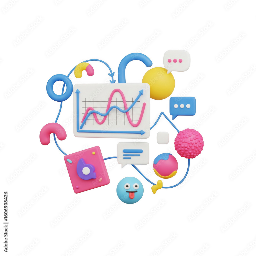 Poster whimsical data visualization: colorful 3d elements illustrating analytical insights