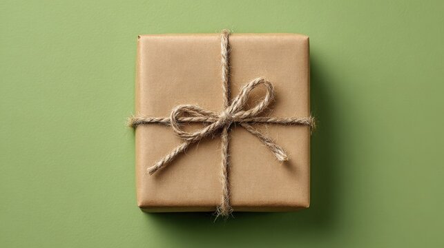 Simple brown paper gift wrapped with twine on a green background