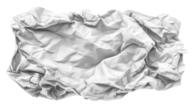Crumpled white paper with textured surface on transparent background
