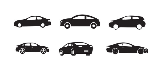 Business car icon set. Silhouettes of mid-size sedan vehicles used in transport, ride services, and personal travel. Simple side view, Isolated on white background. vector illustration eps 10.