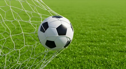 Obraz premium A soccer ball is caught in the net on a vibrant green grass field, signifying a successful goal