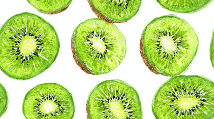 Fototapeta premium Watercolor rendering of sliced kiwi fruit on white background for cloth printing [with copy space]
