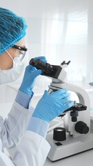 Female scientist wearing blue protective gear using a microscope examining samples in a laboratory...