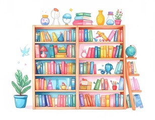 Watercolor illustration of a bookshelf filled with colorful books, decorative objects, and a potted plant, creating a cozy and whimsical atmosphere.