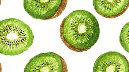 Fototapeta premium Watercolor rendering of sliced kiwi fruit on white background for cloth printing [with copy space]