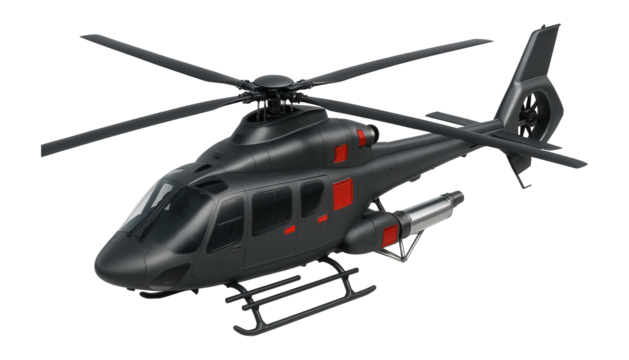 Gray firefighting helicopter with streamlined design and rear-mounted water delivery system
