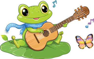 Fototapeta premium Cartoon Frog Playing Guitar on Lily Pad with Butterfly Illustration