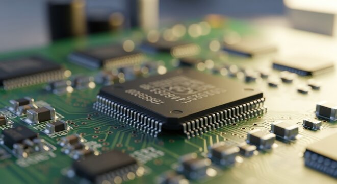 Electronic components focus highlighting integrated circuit fixed on textured green PCB surface. - Powered by Adobe