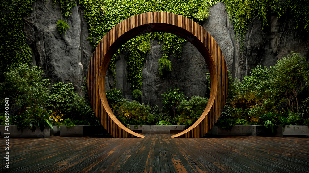 Fototapete 3d rendering of a wooden arch with a circular shape on a black wood floor background