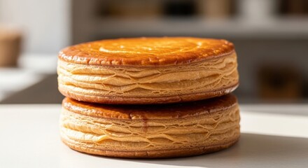 Golden puff pastry cakes stacked and ready to enjoy
