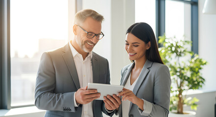 Business colleagues sharing a laugh over a tablet. Male executive and young female employee. Ai Generative