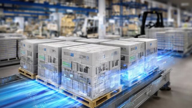 Explore the precision of logistics in a refrigerated warehouse with a detailed cutaway showcasing stacked products, cold air vents, and frozen surfaces.