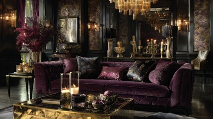 Dark Luxurious Living Room With Purple Sofa And Gold Accents