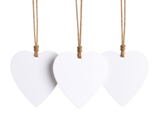 Front View of Three Hanging Heart-Shaped Tags with White Paper Inserts, Transparent Background PNG