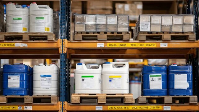Organized industrial shelving with labeled chemical containers, DOT and OSHA symbols, absorbent pads, and a well-ventilated storage setup.