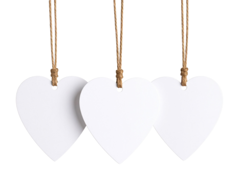Front View of Three Hanging Heart-Shaped Tags with White Paper Inserts, Transparent Background PNG