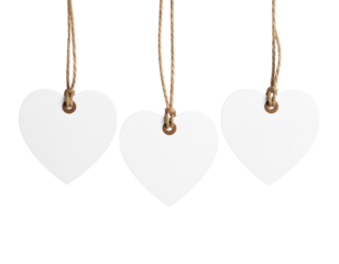 Front View of Three Hanging Heart-Shaped Tags with White Paper Inserts, Transparent Background PNG (2)