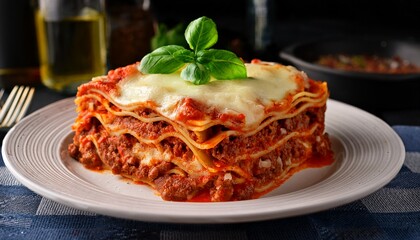 Delicious Italian lasagna with layers of pasta, rich meat sauce, creamy ricotta, and melted cheese, garnished with fresh basil on a white plate.