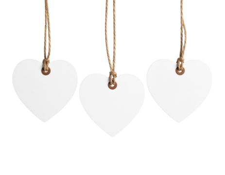 Front View of Three Hanging Heart-Shaped Tags with White Paper Inserts, Transparent Background PNG  (2)