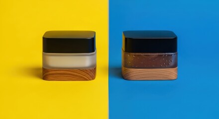 Two stacked wooden boxes with black tops on a split yellow and blue background