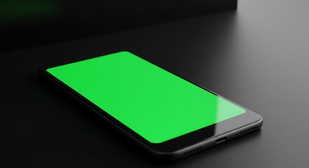 A modern smartphone with a vibrant green screen, resting on a dark surface.