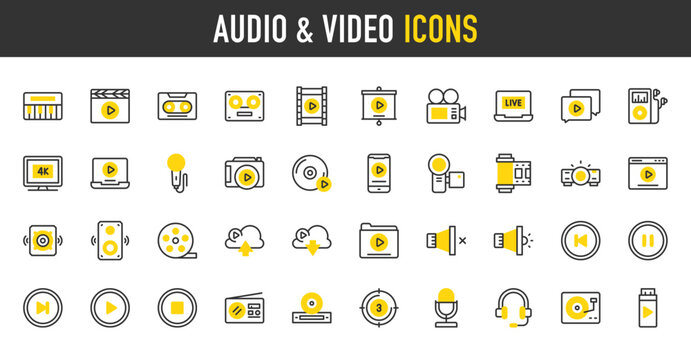 Audio and video vector icons. Video Tape, Video Player, Movie Reel, Play Button, Headset, Video Folder, Live Streaming, Turntable, Microphone, Pause Button, Stop illustration.	
