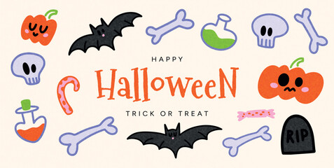 Halloween card with pumpkins, bats, skulls, bones, candy, potion bottles and gravestone. Cute spooky design for trick or treat celebration. Vector illustration for seasonal sale, banner, poster, promo