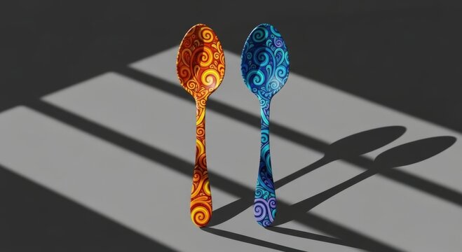 Ornate spoons casting shadows under striped light