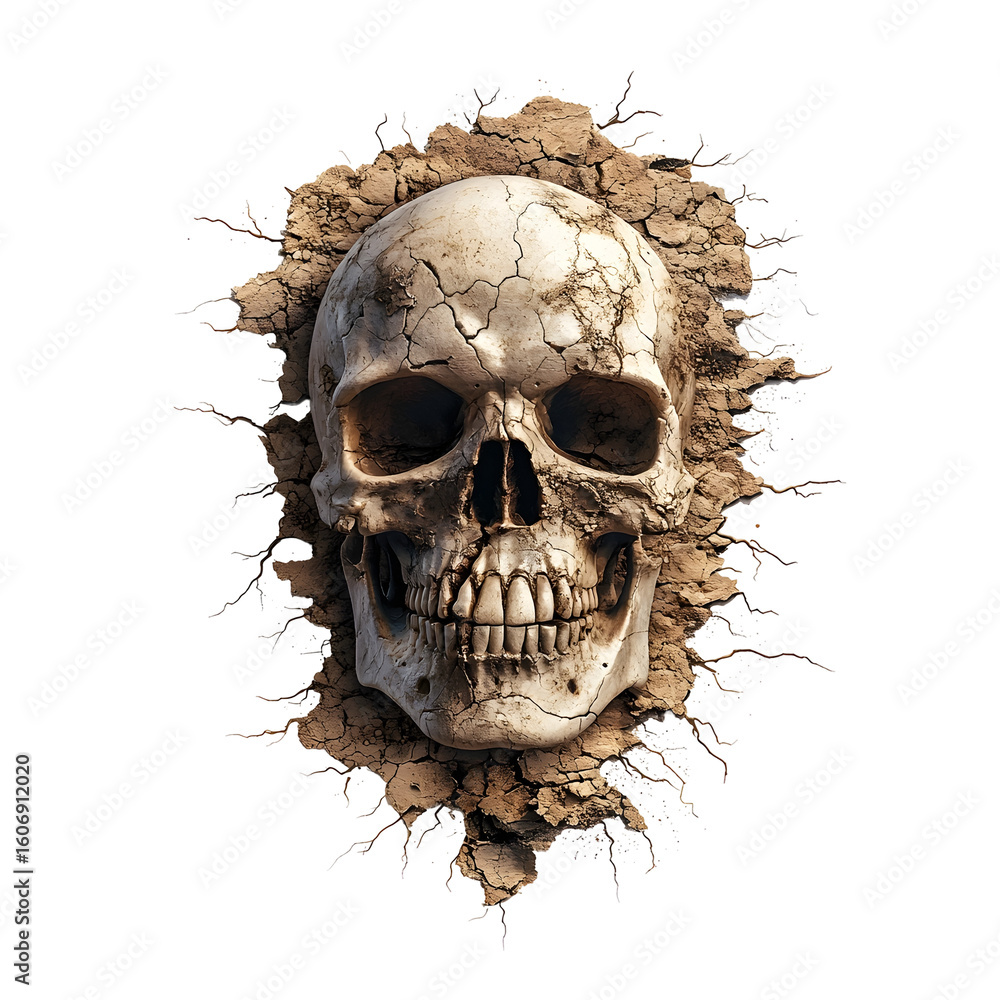 Poster a highly detailed and 3d rendered image of a human skull with intricate bone texture grungy cracks a