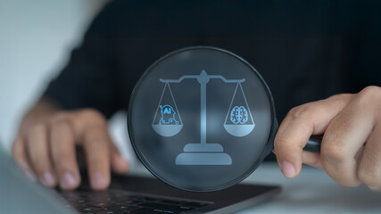 A person examines a balance scale comparing AI and the human brain, representing ethics,...