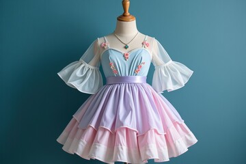 A pastel blue and lavender ruffled dress with sheer bell sleeves and floral accents