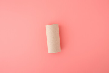 lone cardboard tube inner core of a used toilet paper roll set against a vibrant pink background. smooth and consistent pink background makes the humble tube really pop, recycled material for craft,