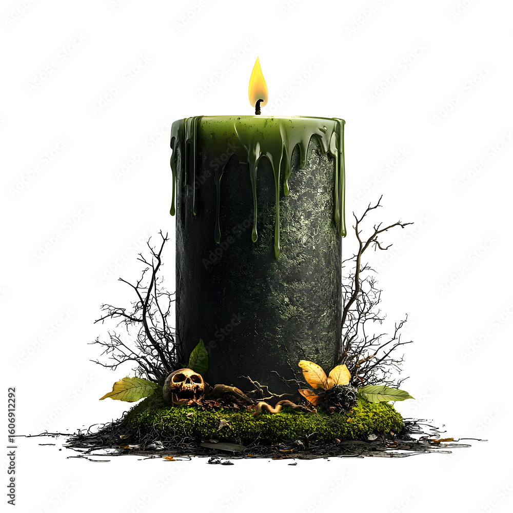 Poster a 3d rendered image of a mysterious melting green flamed candle set against a backdrop of moss branc