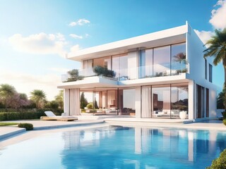 Fototapeta premium Modern Luxury Home with Pool Design and Realistic 3d rendering sunset House, Day Sky, External view