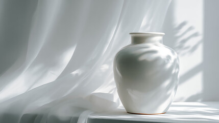 Elegant White Vase, Sunlit Sheer Curtains:  A Serene Minimalist Photography Composition