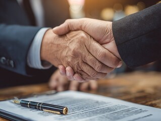 Close-up of firm handshake over signed contract and pen on wooden table symbolizing formal agreement successful negotiation and business partnership trust
