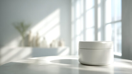 White Cream Jar on Marble Surface with Sunlight: Product Photography Background