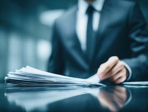 Business professional in formal suit reviewing stack of documents at modern office desk representing corporate paperwork analysis and administrative planning