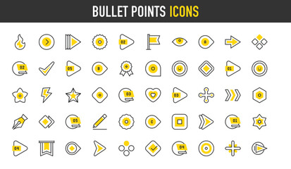 Bullet points vector icons. such as Arrow, Check, Bullet Point, Next, Number, Circle, Star, Plus illustration.	
