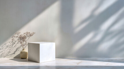 Minimalist White Product Display:  Sunlit Scene with Cube, Dried Flowers & Textured Background