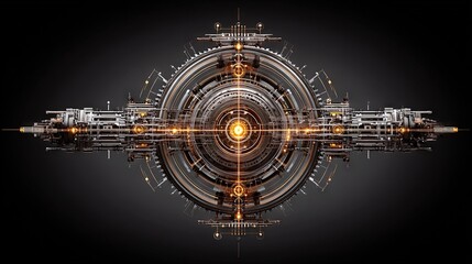 Futuristic symmetrical digital interface with concentric circular layers glowing in orange tones on a dark background representing advanced technology systems