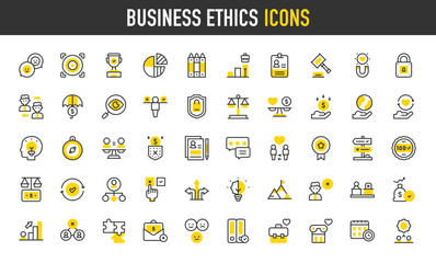 Business ethics vector icons. Feedback, Absence, Badge, Investition, Decisions, Badge, Search, Equality, Check, Promotion, Award, Puzzle, Team, Incorporation illustration.	
