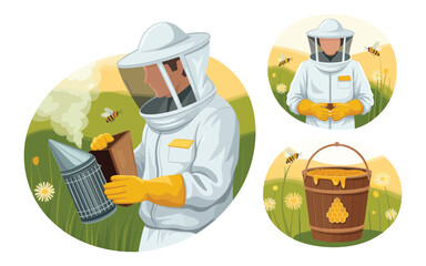 A flat vector illustration set showcasing a beekeeper, honey production, and apiary concepts.